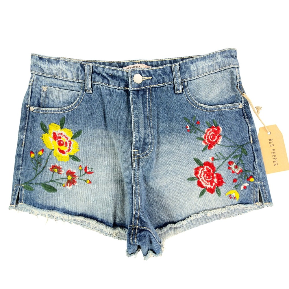Blu Pepper Modern Floral Embroidered Denim Shorts Womens Medium Blue NWT